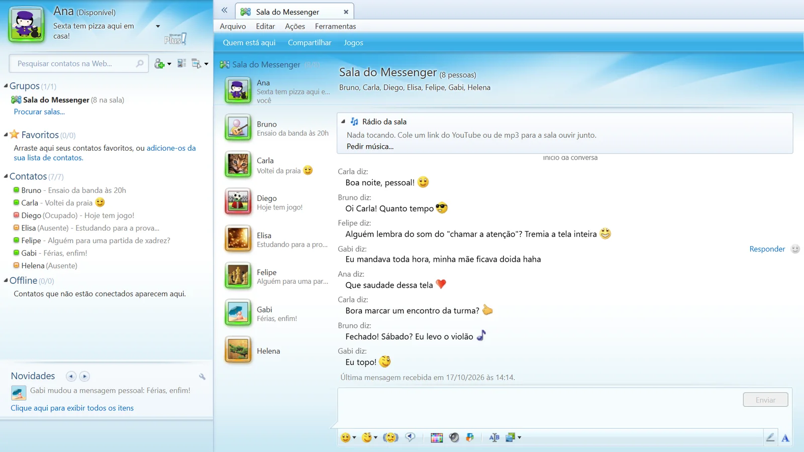 A Sala do Messenger no computador, com várias pessoas conversando